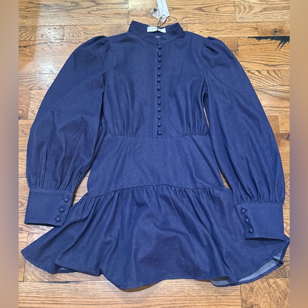 NWT. Commense. Denim Stand Collar Puff Sleeve Mini Dress. Size Small. - Picture 3 of 15
